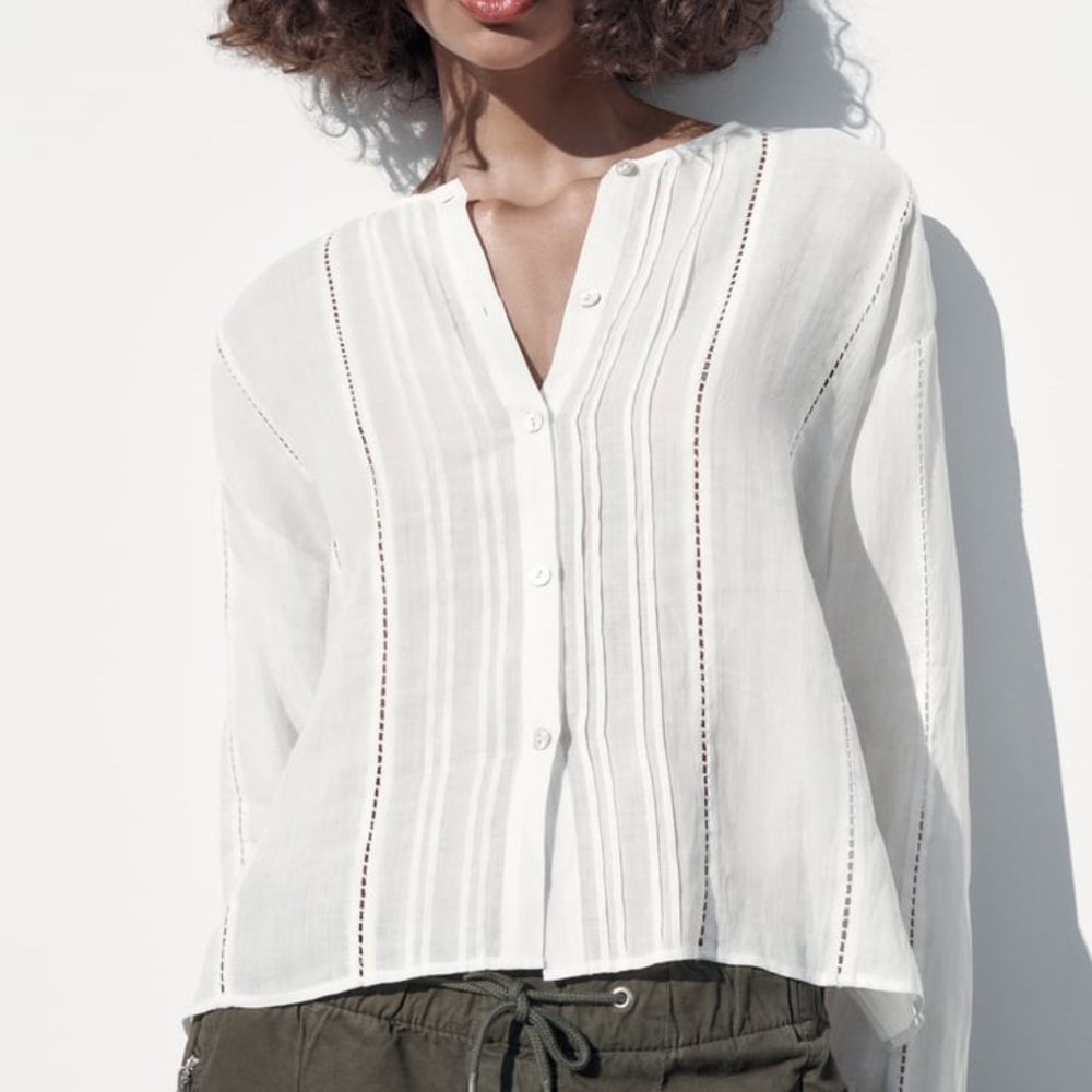 NWT ZARA White Ramie Passementerie Blouse, Size L, “Oyster”